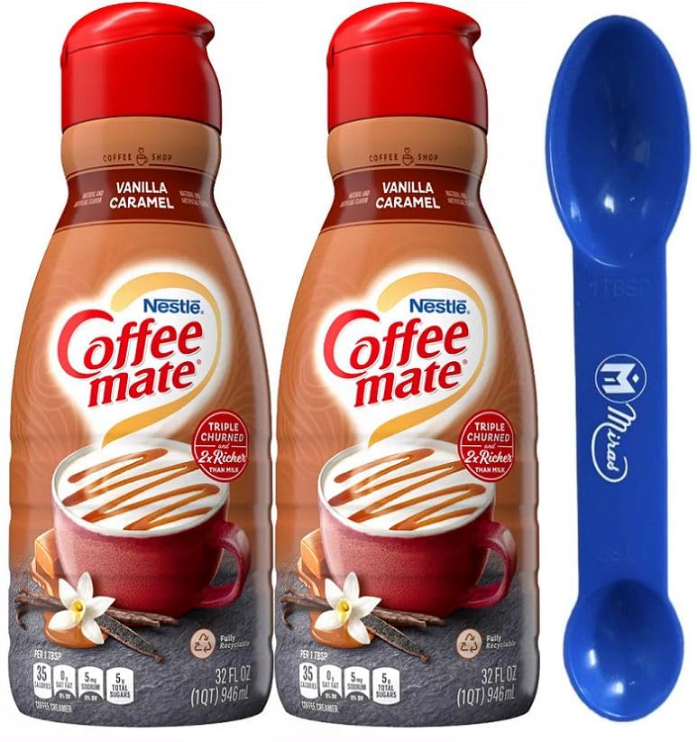 (2 unidades) Coffee-Mate Vanilla Caramel – Crema líquida para café, botellas de 32 onzas líquidas (cuchara medidora 2 en 1 de marca registrada de