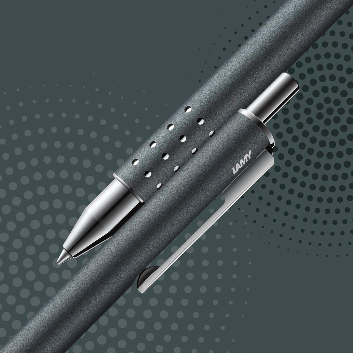 LAMY swift 335 – Bolígrafo roller en superficie de laca negro-verde con puntos de acero inoxidable y clip retráctil, con recambio de bolígrafo M 66