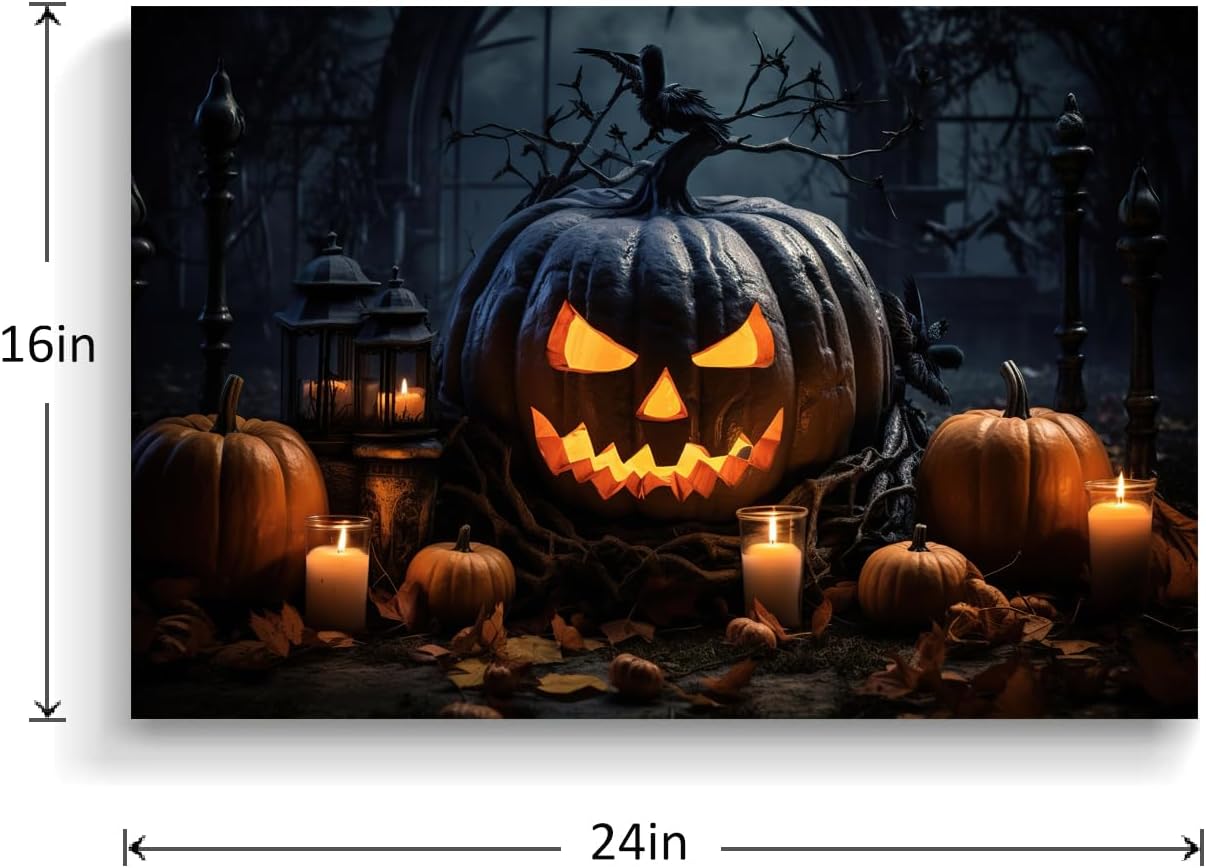 Decoración de Halloween para el hogar, Jack-O’-Lantern en el altar, arte de pared de lienzo negro sonriente espeluznante linterna de calabaza con
