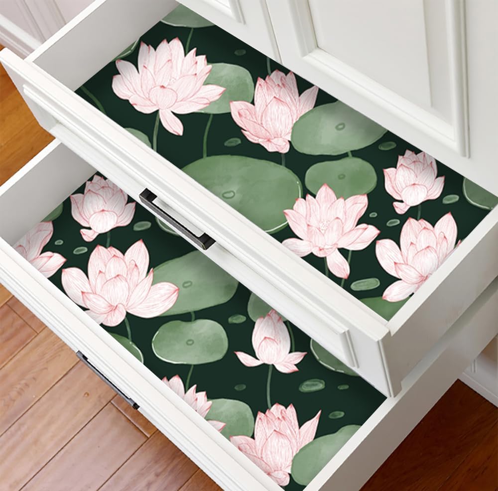 Yasinet Papel tapiz autoadhesivo para despegar y pegar, papel tapiz vintage con flores de loto verde oscuro, papel de contacto autoadhesivo
