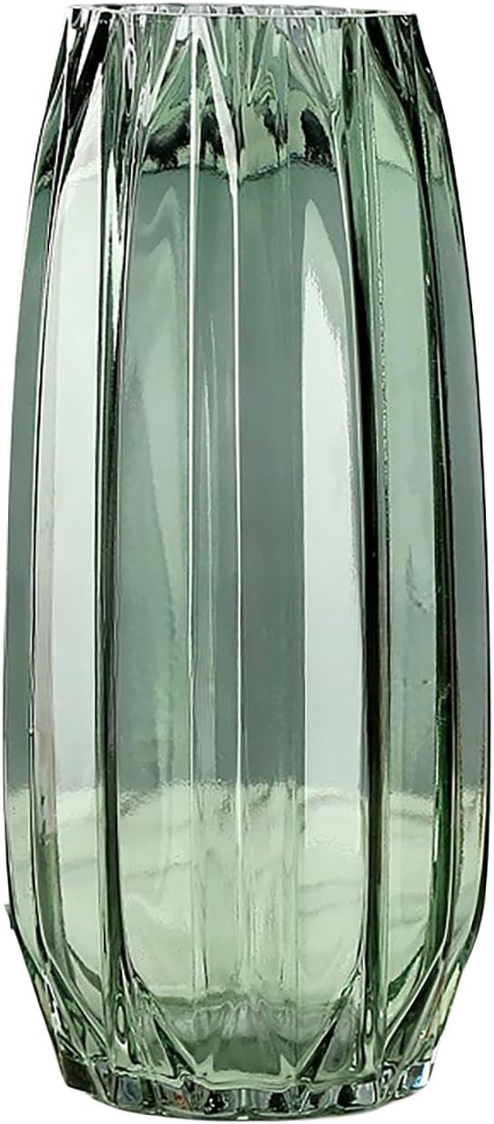 Lucky Bird Jarrón de cristal verde moderno acanalado para flores, velas y acentos decorativos, jarrón de vidrio altocorto para centros de mesa,