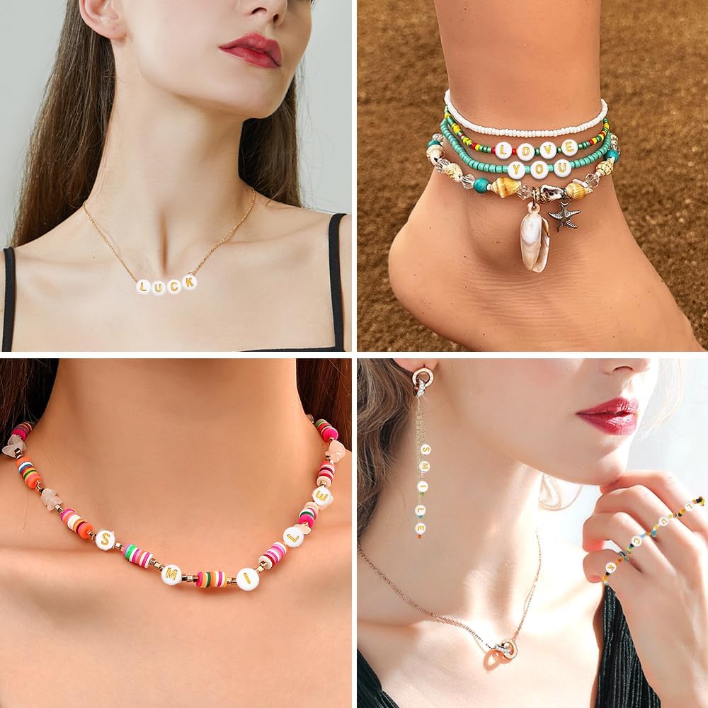 500 cuentas del alfabeto redondas de 0.157 x 0.27 pulgadas (0.157 x 0.276 in), cuentas de letras blancas doradas para pulseras, joyería,