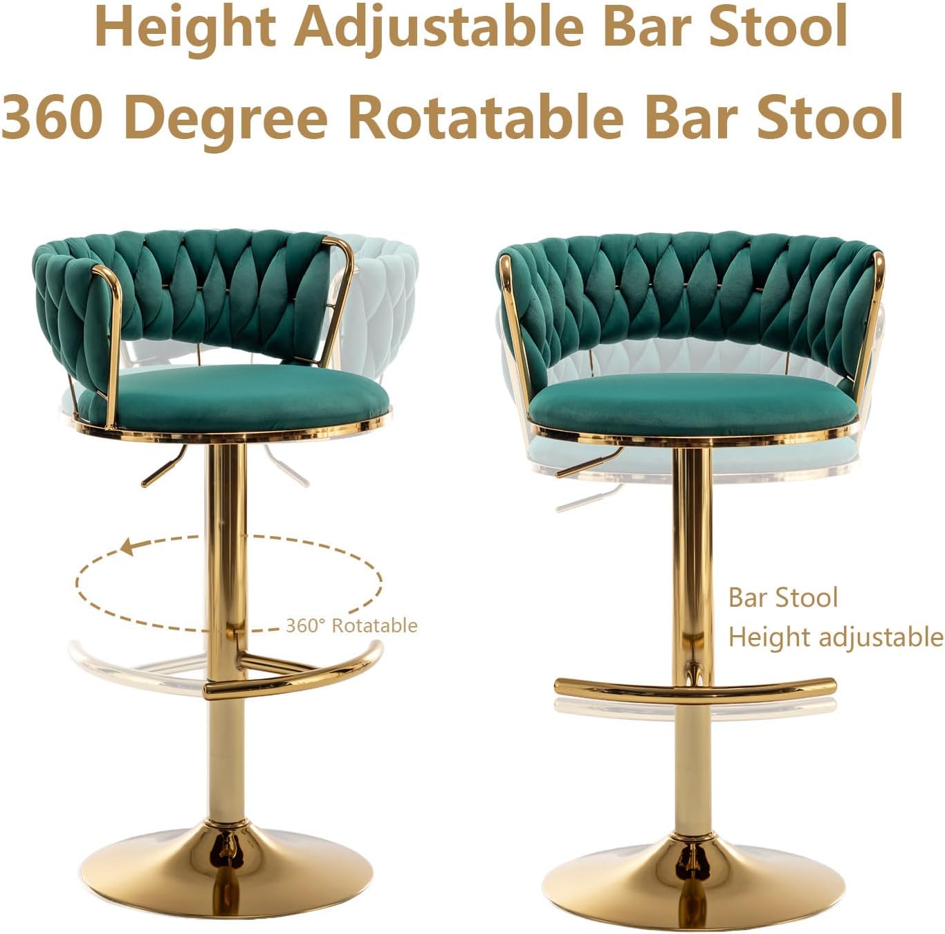 Riknuxi Juego de 4 taburetes de bar de terciopelo dorado, sillas de bar de altura de mostrador con respaldo bajo, taburete de bar giratorio para