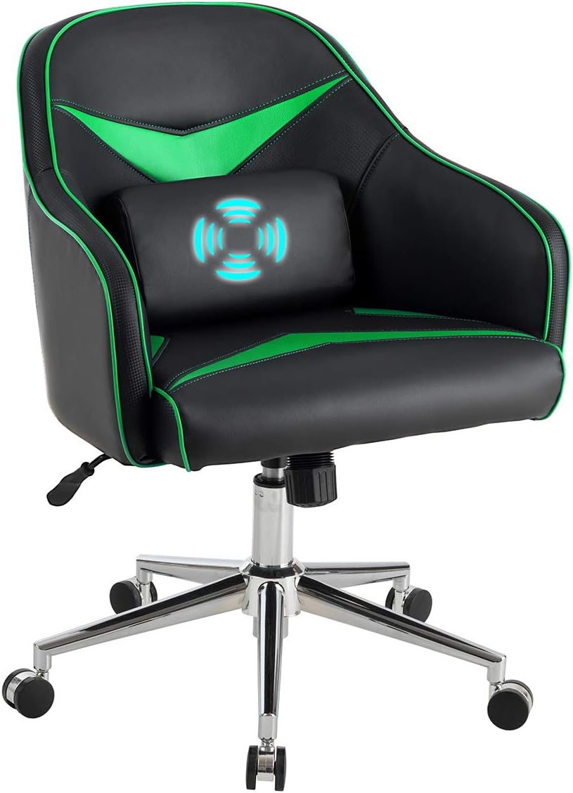 Giantex Silla de juegos de piel sintética, sillón de altura ajustable con respaldo medio con almohada lumbar de masaje, sillas de escritorio