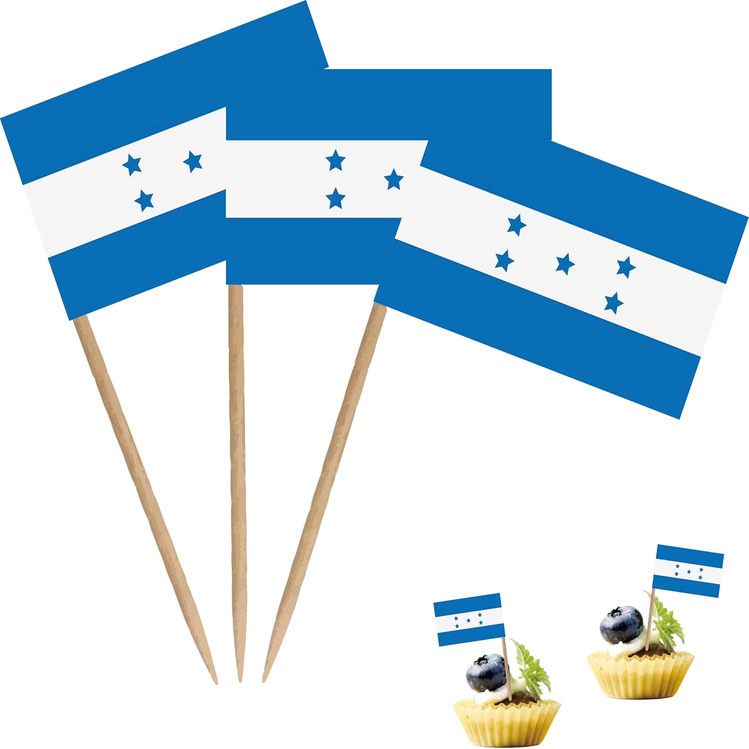 Bandera de Honduras con palillo de dientes hondureño, pequeño, para cóctel, fruta, cupcakes, decoración de palitos de alimentos, paquete de 100