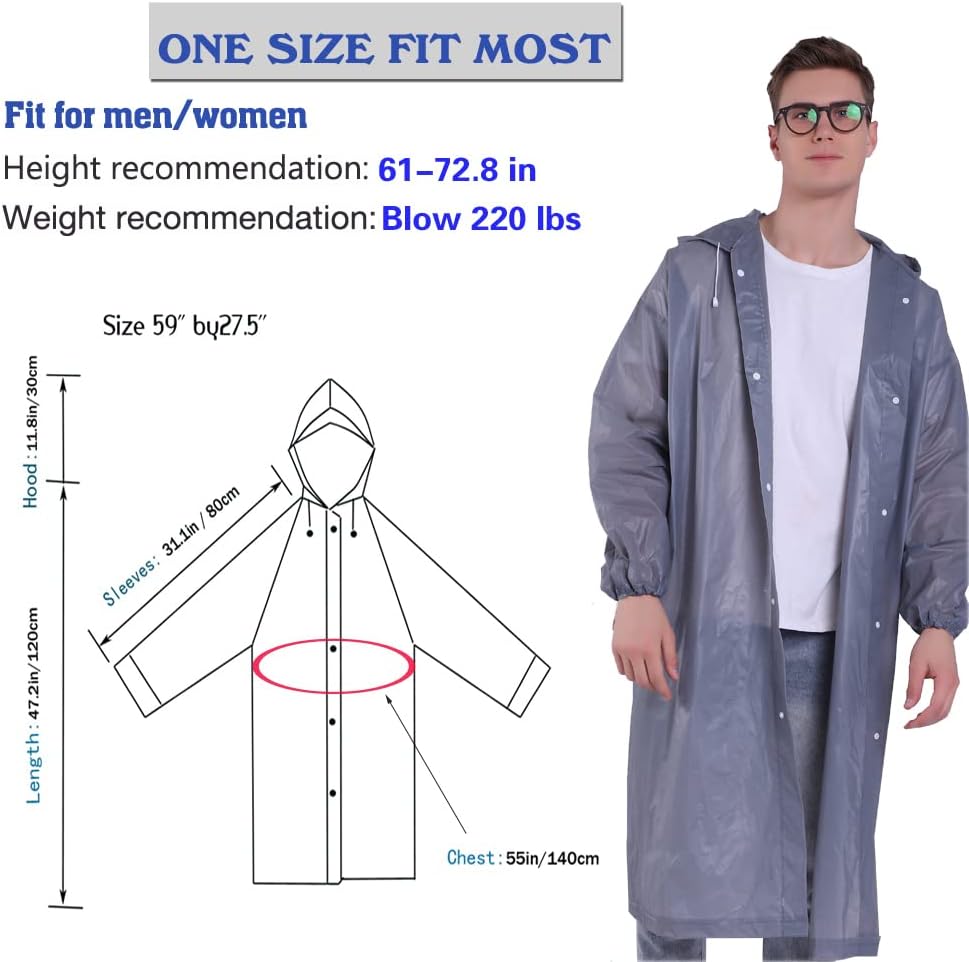 YDYJKI 2 Ponchos de lluvia reutilizables para adultos y hombres, abrigos de lluvia ligeros transparentes para mujeres con capucha y cordón