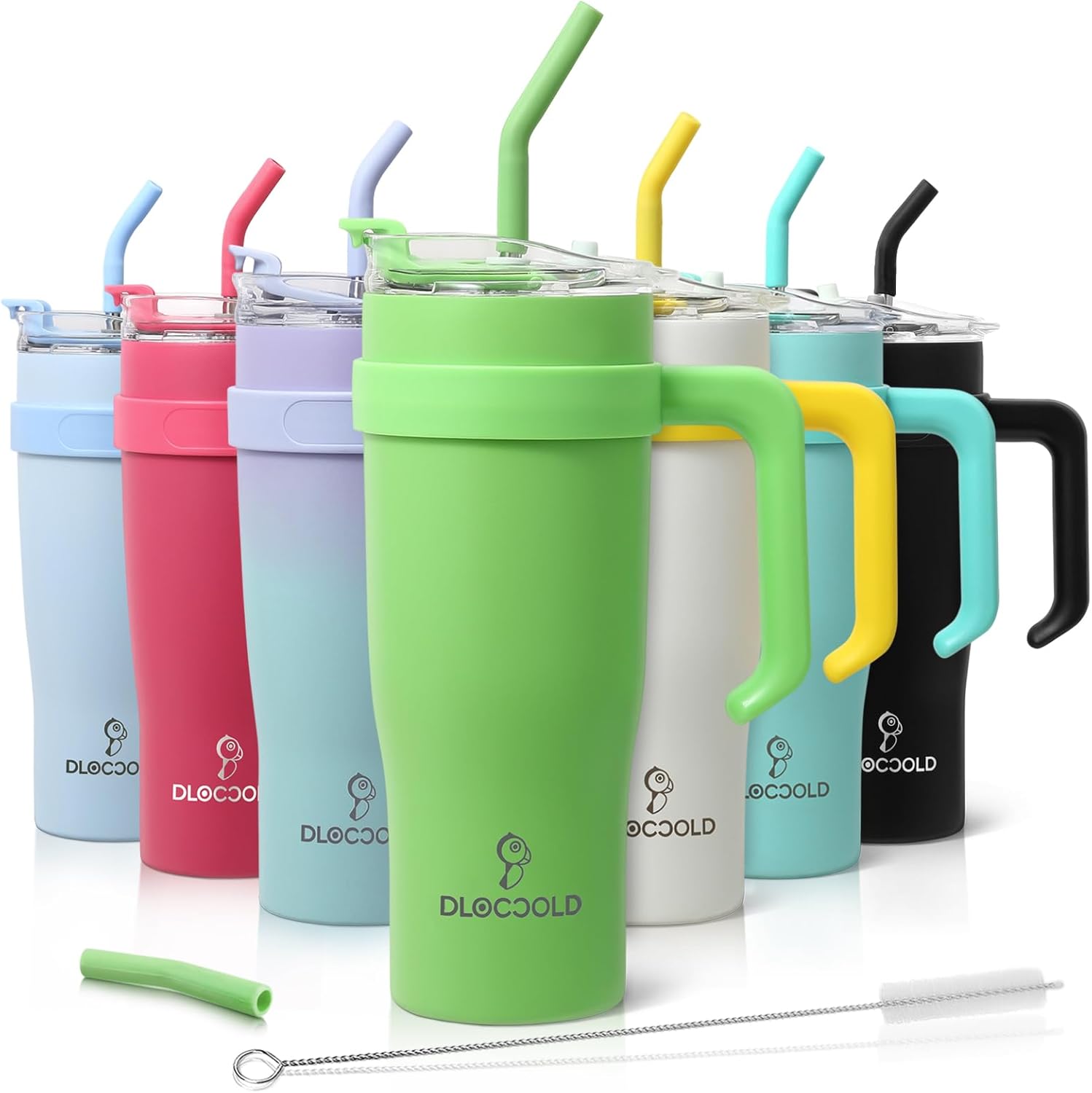DLOCCOLD Vaso de 40 onzas con asa, popote y tapa, botella de agua reutilizable de acero inoxidable de doble pared con aislamiento al vacío, taza de