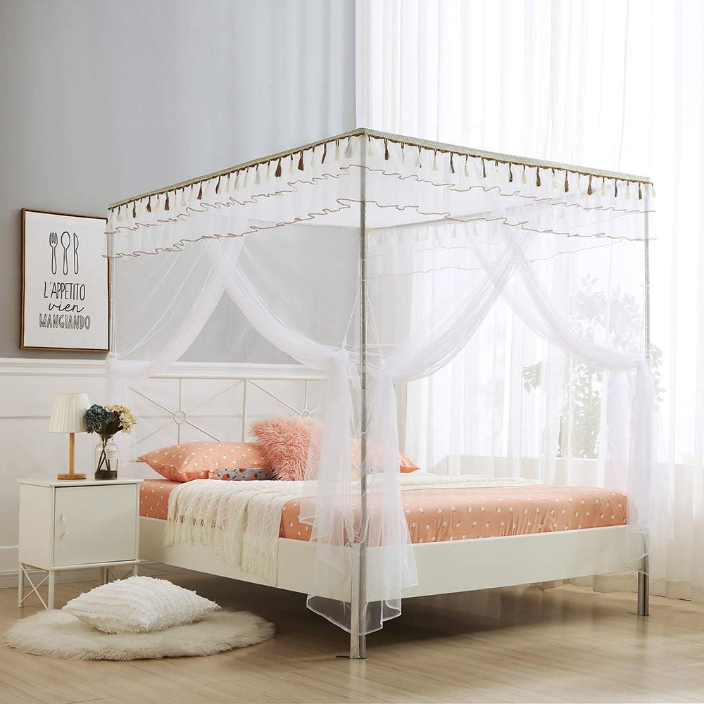 JQWUPUP Cortinas de cama con dosel, mosquitera de 4 esquinas con volantes princesas, dosel de cama para niñas y niños, cuna, decoración de
