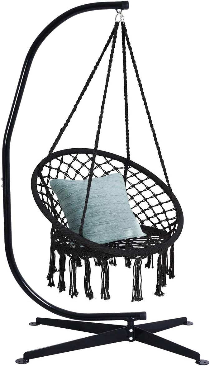 Giantex Hamaca Swing Silla con soporte, cuerda de algodón tejida a mano con soporte de acero sólido resistente C, hamaca colgante al aire libre para