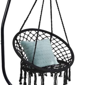 Giantex Hamaca Swing Silla con soporte, cuerda de algodón tejida a mano con soporte de acero sólido resistente C, hamaca colgante al aire libre para Giantex Hamaca Swing Silla con soporte, cuerda de algodón tejida a mano con soporte de acero sólido resistente C, hamaca colgante al aire libre para