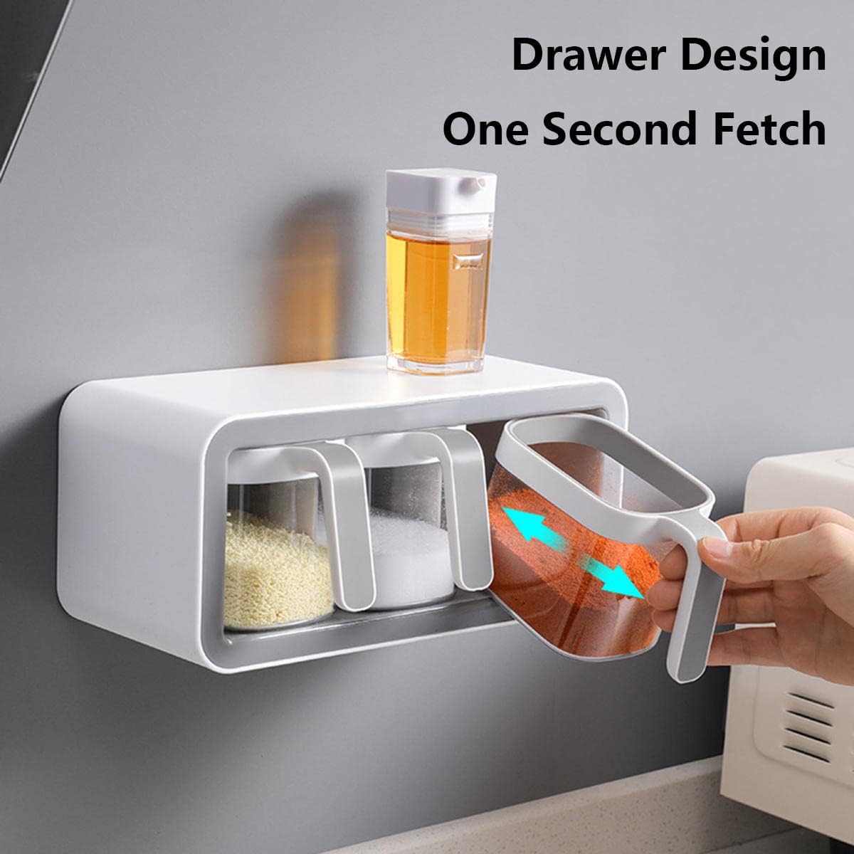 Contenedores de condimentos montados en la pared, caja de condimentos autoadhesiva, frascos de condimentos con cuchara, organizador de