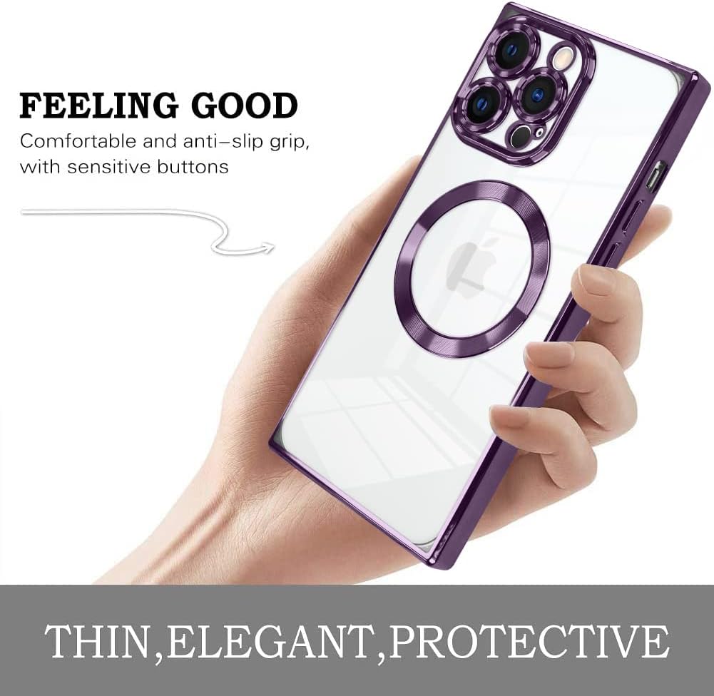 KANGHAR Funda cuadrada magnética transparente para iPhone 13 Pro Max con protector de lente de cámara compatible con MagSafe Diseño de lujo lindo