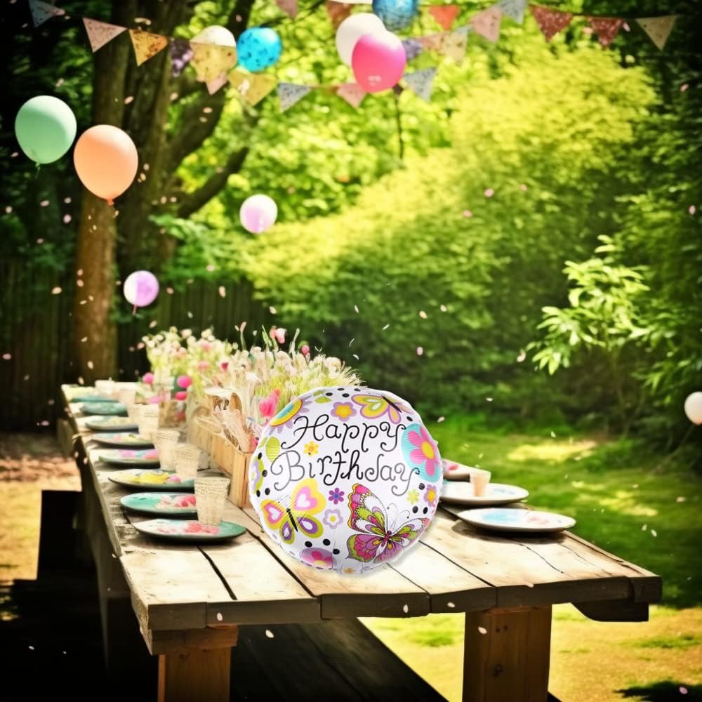 DIWULI Globo de mariposa de feliz cumpleaños  Globo de feliz cumpleaños, globo de papel de aluminio redondo para niños, cumpleaños, niña, niño,