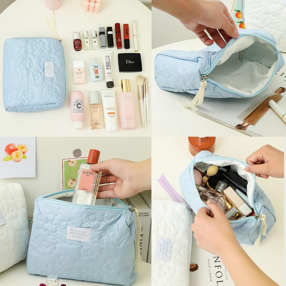 AMULOKRU Bolsa de maquillaje de algodón, bolsa grande de viaje para cosméticos, acolchada, 2 unidades, capacidad espaciosa, bolsa organizadora de