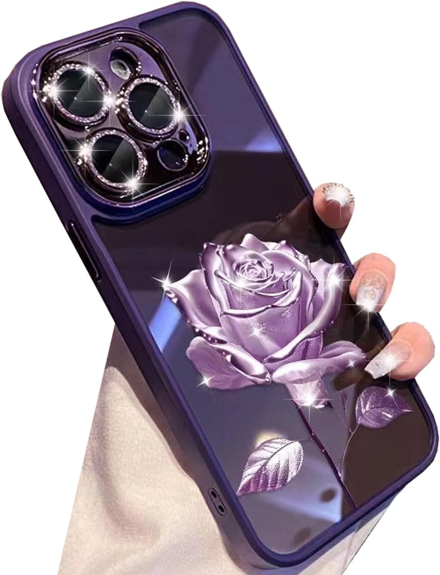 Changjia Funda transparente para iPhone 15 Pro Max, diseño floral con purpurina brillante y protector de lente de cámara, TPU a prueba de golpes,