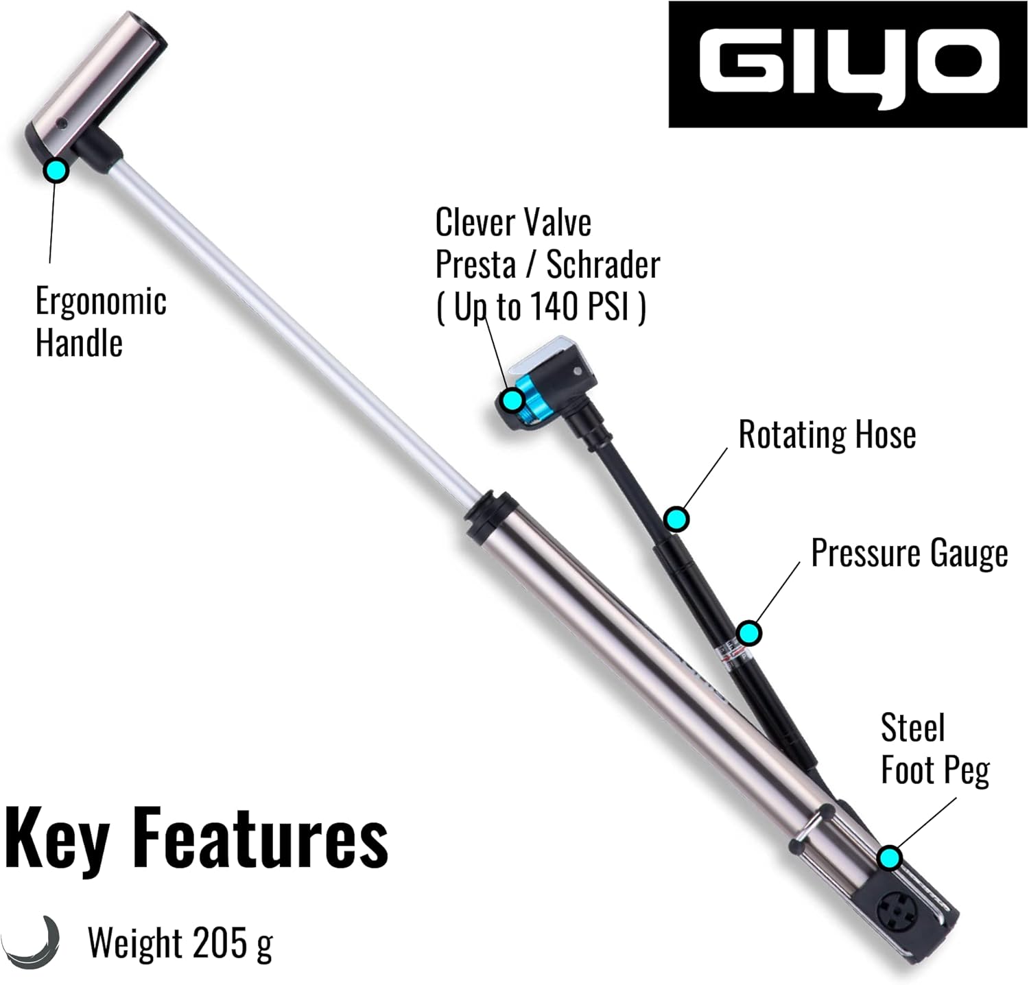 GIYO GM741 – Bomba de bicicleta de alta precisión con medidor  Bomba de piso portátil, duradera y ligera para bicicletas de montaña y carretera, 140
