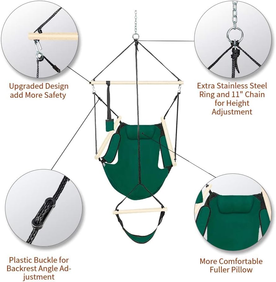 Upgraded Unique Hammock Sky Chair, Air Deluxe Hanging Swing Seat with Rope Through The Bars Safer Relax with Drink Holder & Fuller Pillow Beech Wood