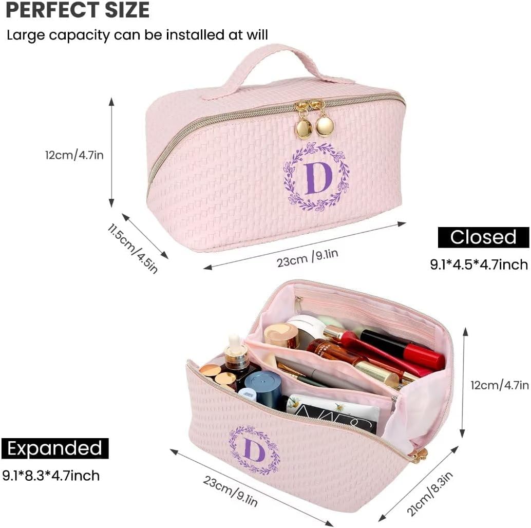 Bolsa de maquillaje, bolsa de maquillaje de viaje, bolsa de maquillaje portátil de piel sintética impermeable, organizador con asa y divisor bolsas