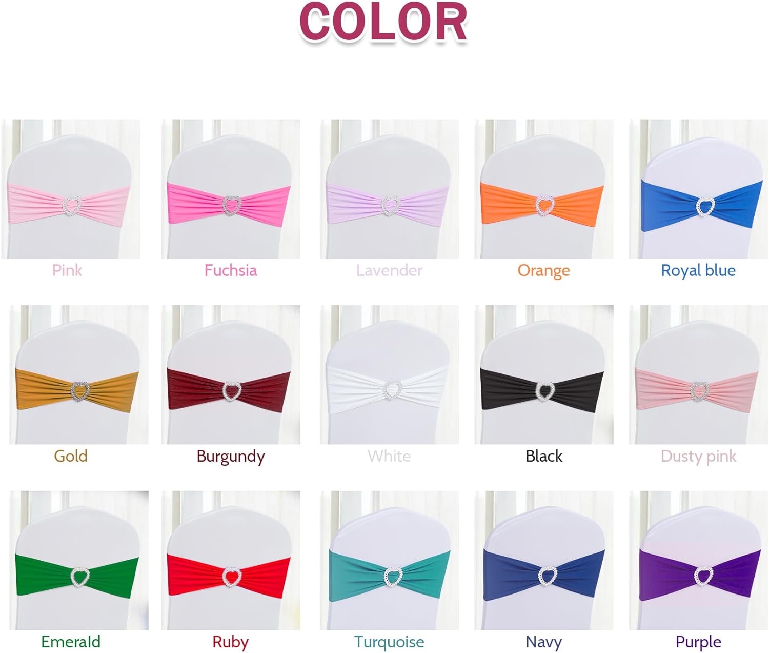 Howhic Paquete de 60 bandas elásticas de elastano para silla con hebilla deslizante, lazos elásticos universales para bodas, banquetes, fiestas,