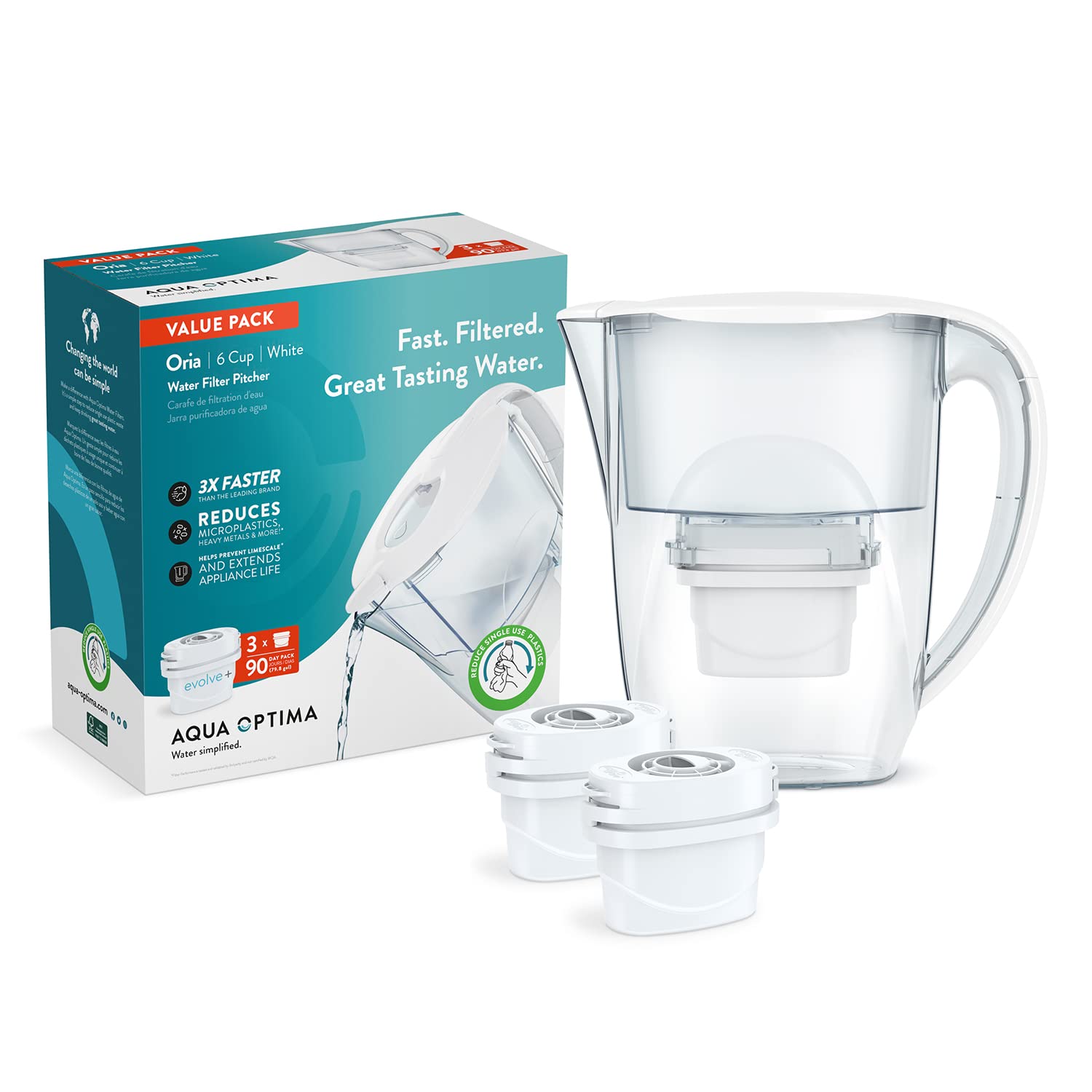 Aqua Optima Paquete de 6 tazas de jarra de filtro de agua para grifo y agua potable con 3 filtros Evolve+, reduce los microplásticos, mejora el