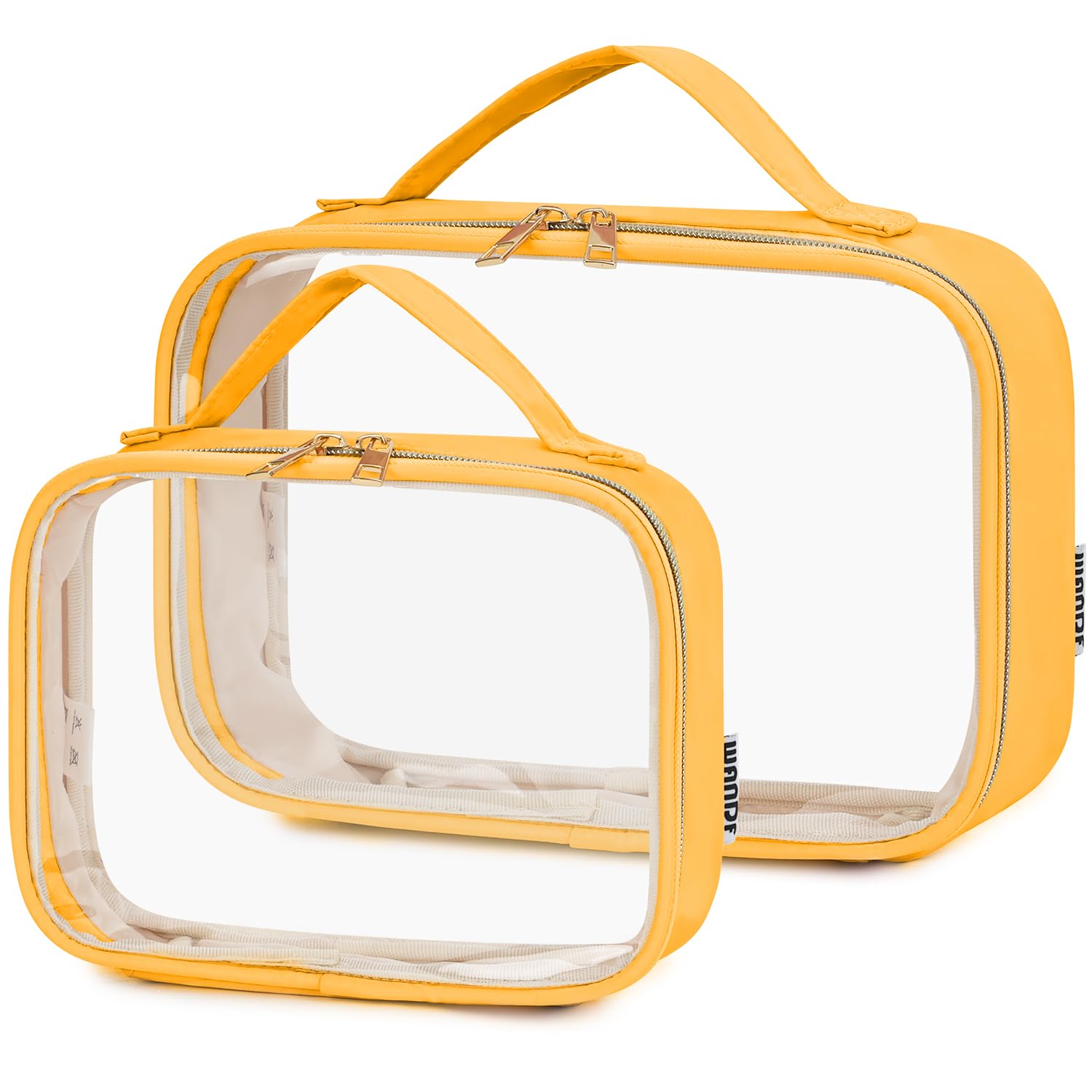 WANDF Neceser aprobado por la TSA de gran apertura, paquete de 2 bolsas de maquillaje transparentes con asa, accesorios de viaje, tamaño de cuarto