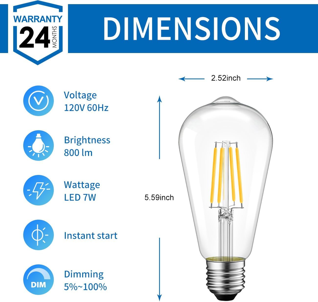 ANWIO ST21 Bombilla LED de filamento 7 W (equivalente a 60 vatios), regulable 2700 K, blanco cálido, bombilla Edison vintage E26, base mediana