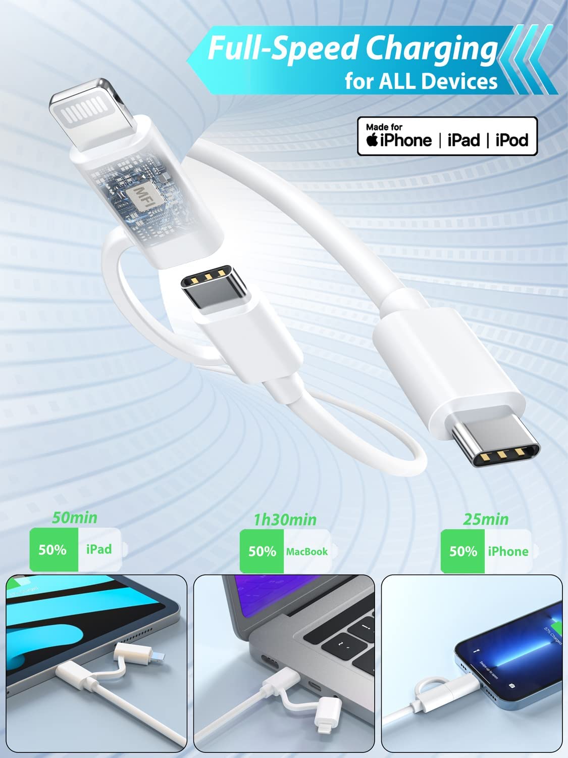 Quntis Cable USB C a CLightning 2 en 1, paquete de 2 cables de carga múltiple USB C de 6.6 pies para iPhone 15 certificado MFi, cable de carga