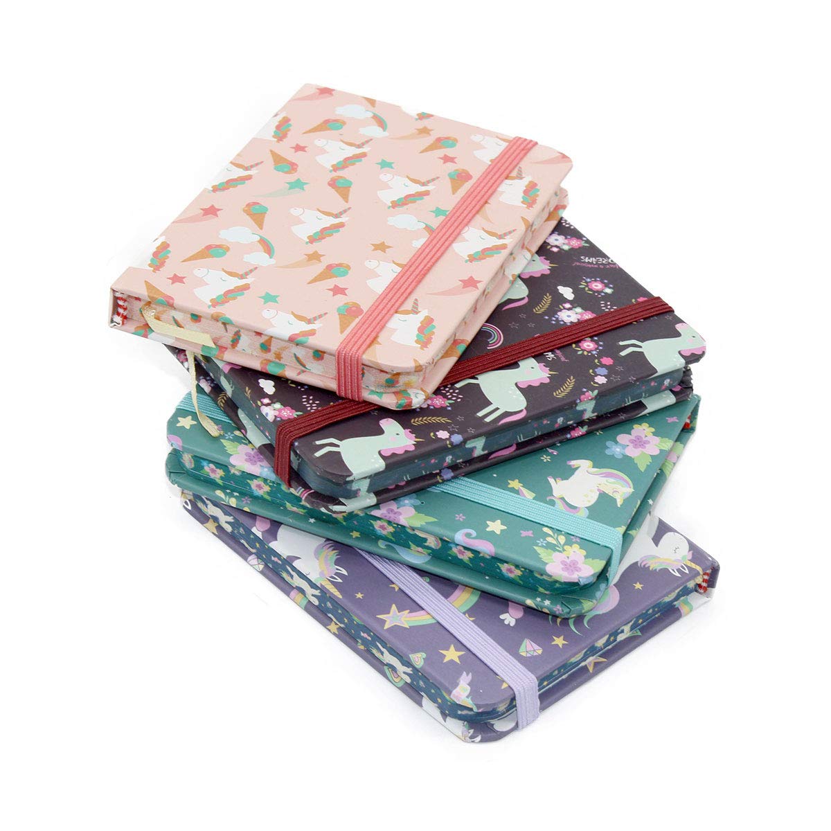 4 cuadernos de unicornio de 3 x 4 pulgadas, mini diario de bolsillo interior, bloc de notas de escritura lindo con cierre elástico a rayas para