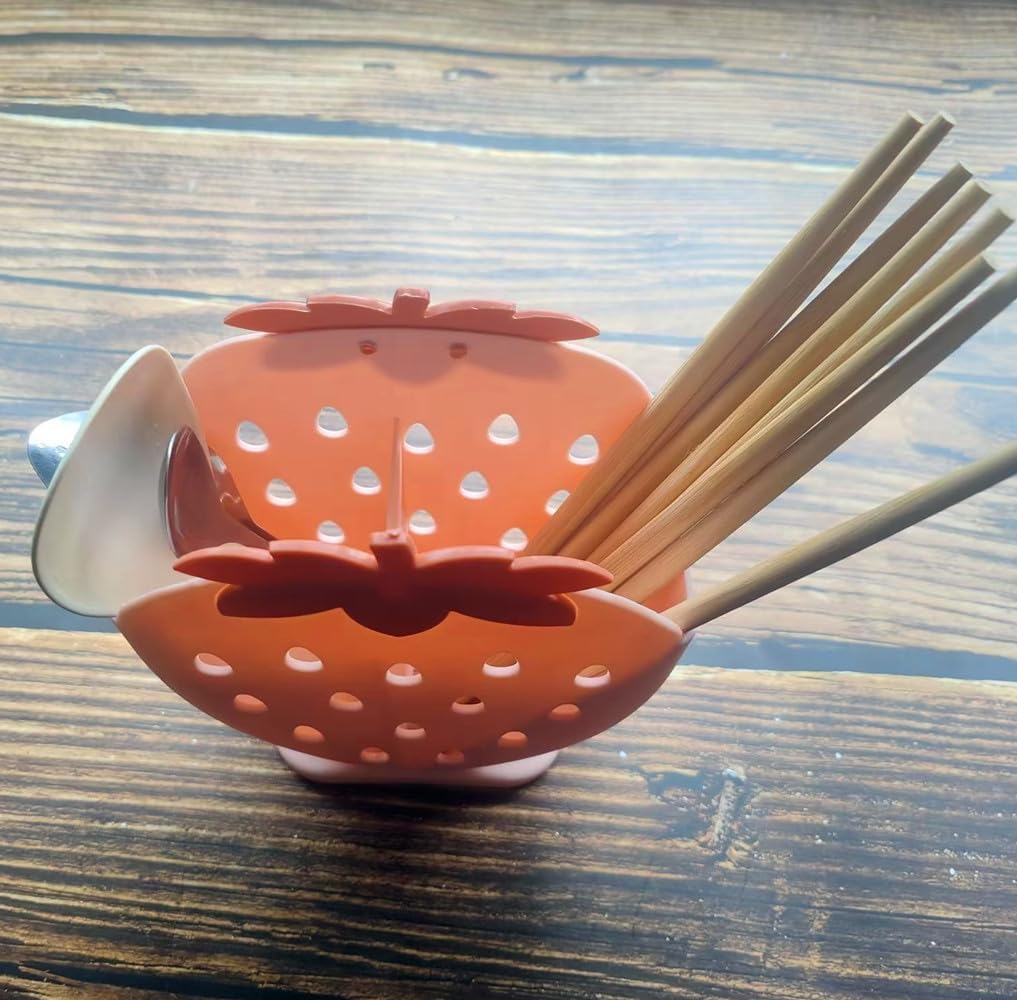 Soporte para palillos de fresa con organizador de secado de drenaje, cesta de palillos, caja de almacenamiento para almacenar cuchara, cuchillo,