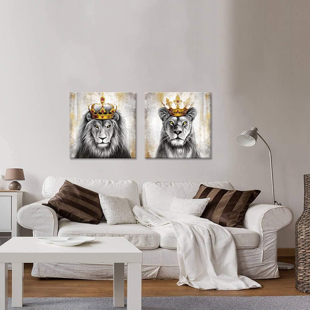 DuoBaorom 2 piezas de lienzo de león y leona de animales rey, arte de pared de león con corona dorada, imagen gris y dorada, impresión giclée,
