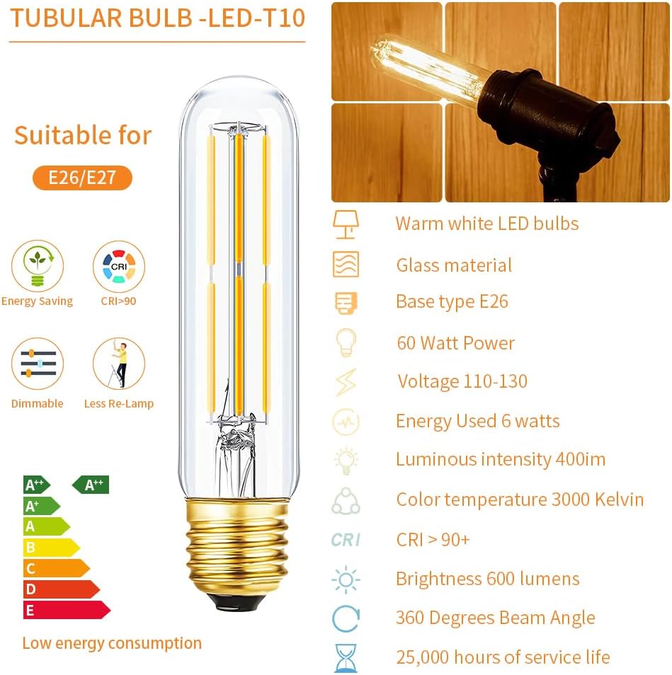 Bombillas LED T10 de color blanco cálido 3000 K, de vidrio transparente, bombilla Edison tubular, regulable, E26, 6 W, igual a 60 W, bombillas