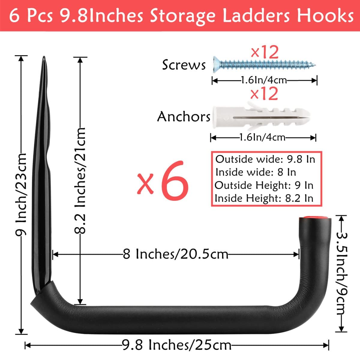 Ganchos para escaleras de almacenamiento de garaje, paquete de 6 perchas resistentes, estante de montaje en pared de 9.8 pulgadas con capacidad de