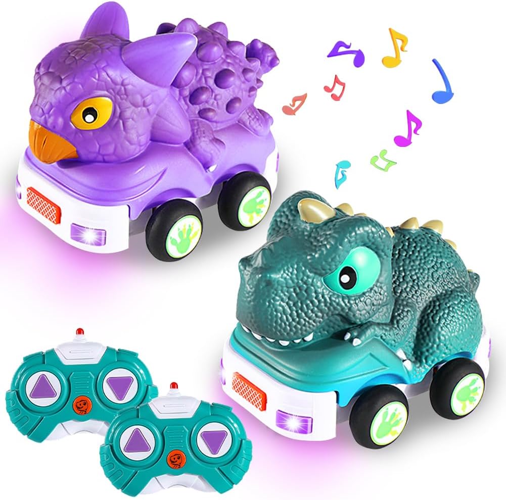 Juguete de dinosaurio a control remoto para niños pequeños, paquete de 2 autos RC de 2.4 GH, juguetes de 3, 4, 5, 6 años, juguetes de dinosaurio con