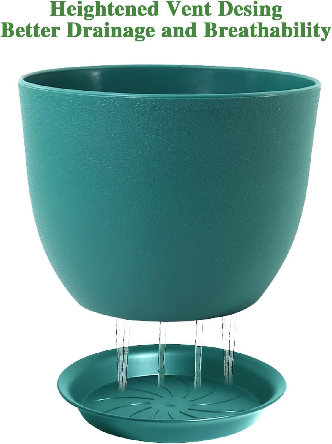 Macetas modernas grandes de plástico con agujeros de drenaje y platillos para plantas de interior y exterior, flores, verde malaquita