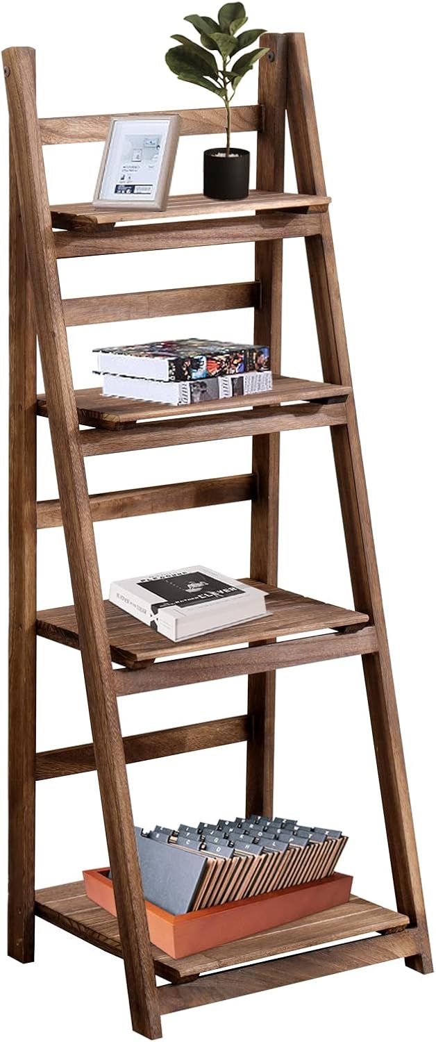 ECOMEX Estante de escalera de 4 niveles, estantería de escalera para plantas, estante de escalera de madera, estante plegable para plantas, soporte