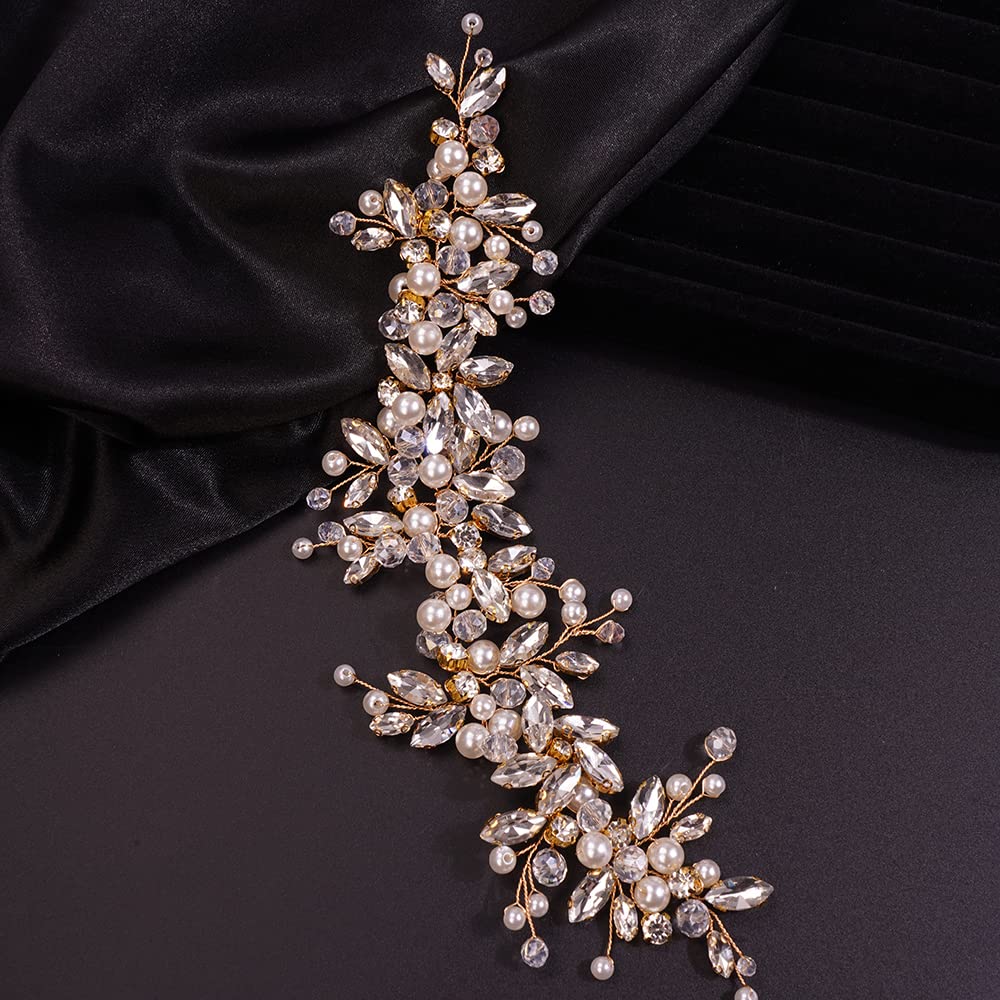 Teyglen Diadema grande de diamantes de imitación, perlas de cristal, diadema de vid hecha a mano con flores nupciales, accesorios para el cabello