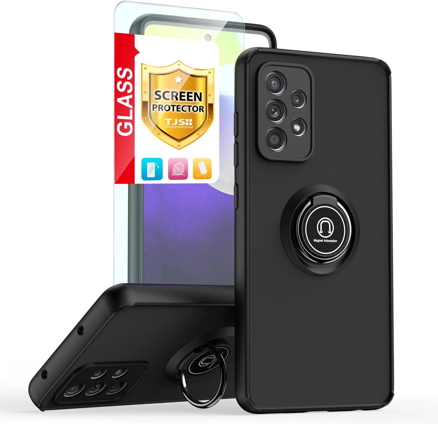 TJS Funda compatible con Samsung Galaxy A53 5G, con protector de pantalla de vidrio templado, anillo de metal, soporte magnético, resistente contra