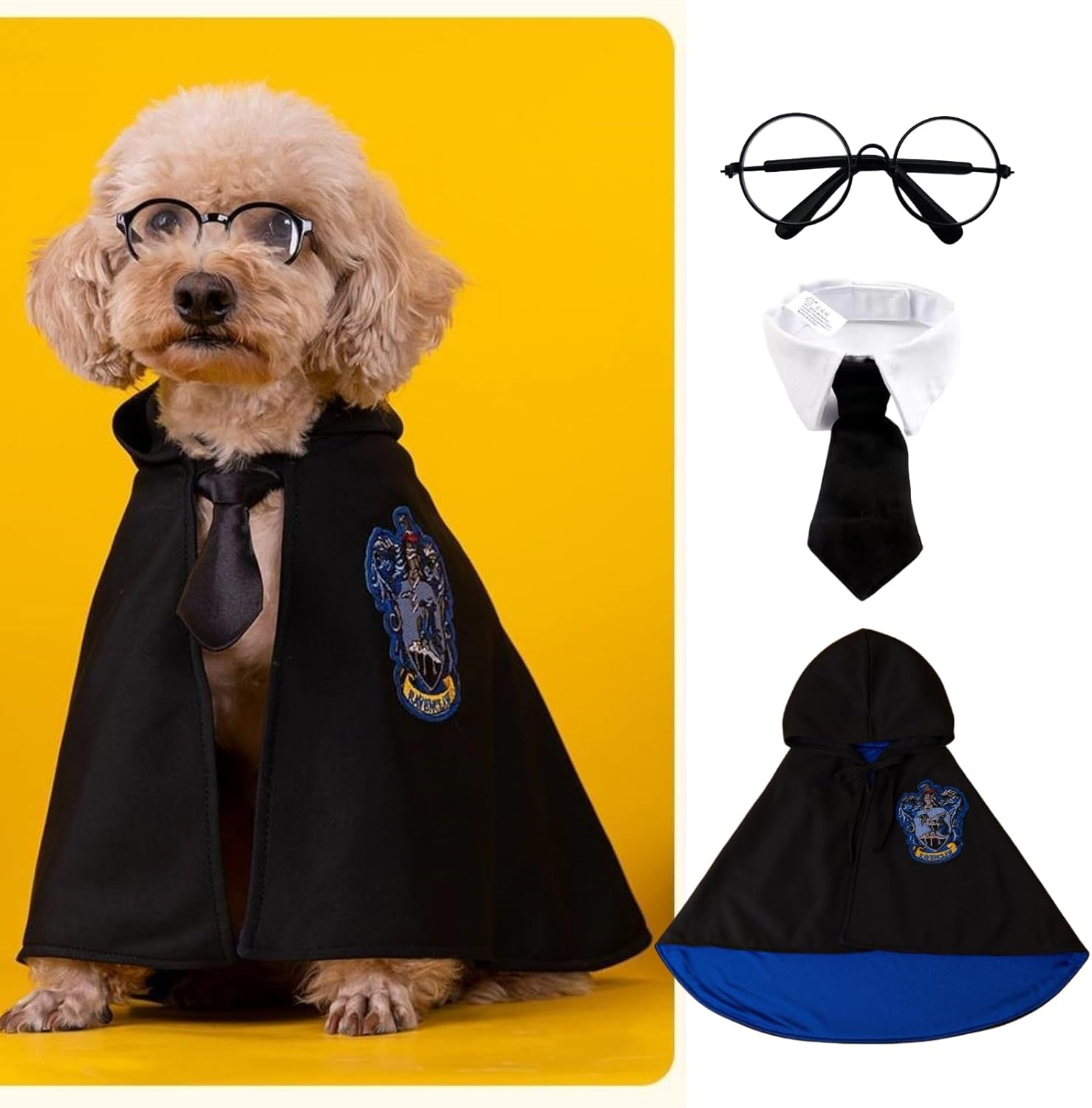Disfraz de Halloween para gatos, vestido de mago para perro, vestido de cosplay con capa de bruja, corbatín y gafas, ropa de fiesta para mascotas