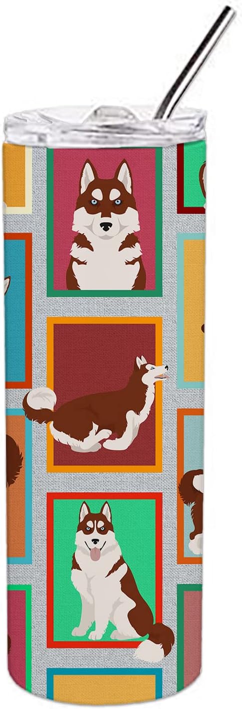 Caroline’s Treasures MLM1160TBL20 – Lots of Red Siberian Husky – Vaso delgado de acero inoxidable de 20 onzas, vaso térmico reutilizable de doble
