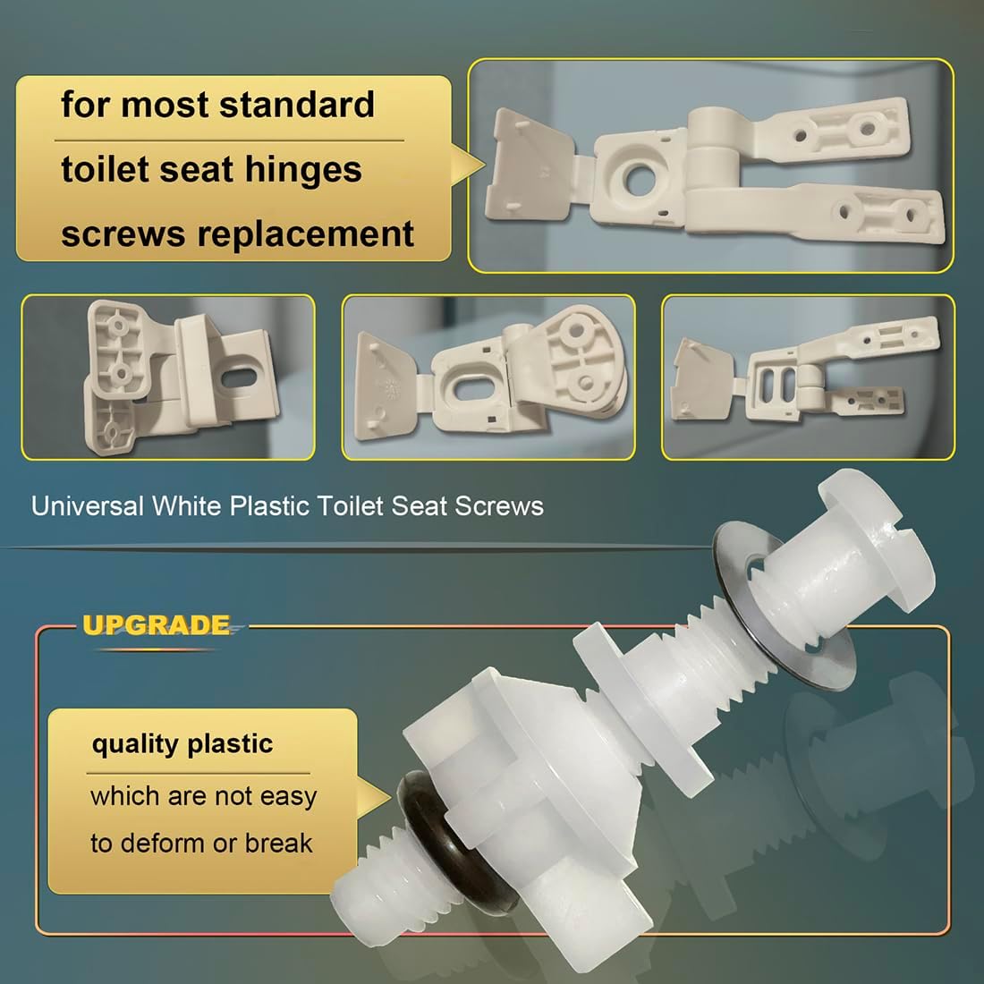 Paquete de 2 tornillos universales de repuesto de plástico blanco para asiento de inodoro, bisagras de asiento de inodoro, pernos y tuercas para