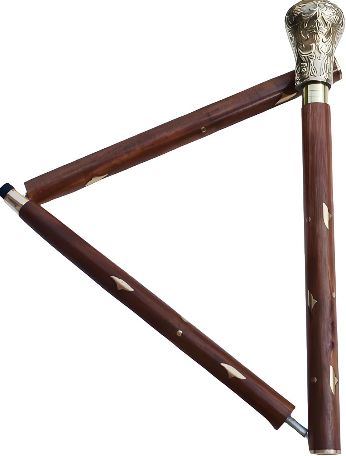 Pomo largo decorativo de latón brillante con eje decorativo de madera natural, fuerte y resistente, hermoso bastón de madera para fiesta