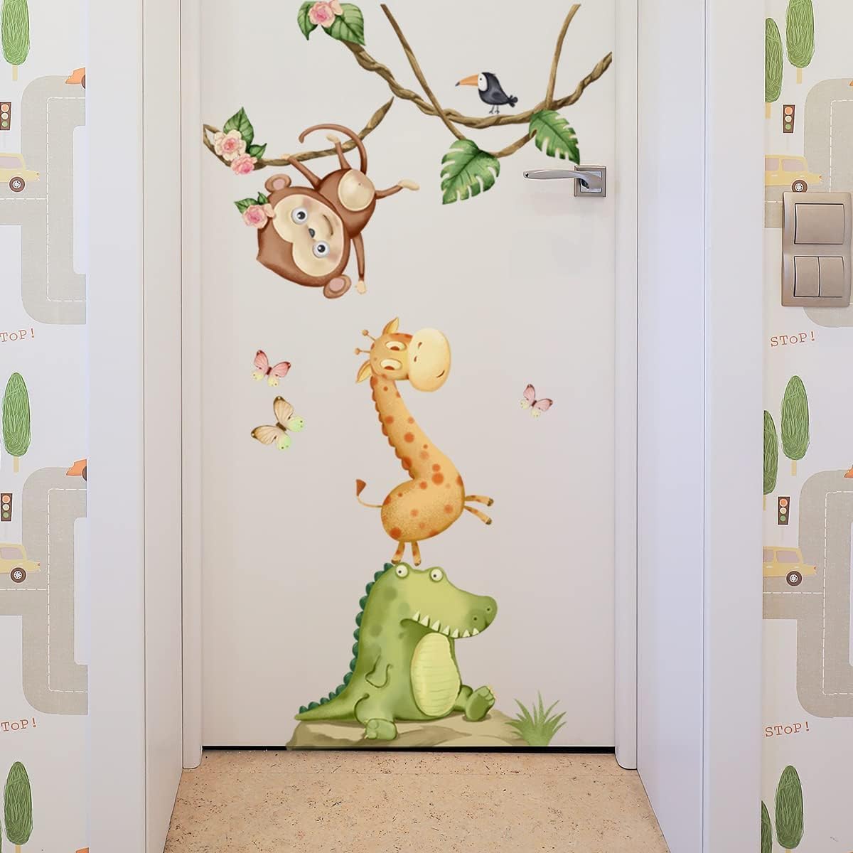 Calcomanías de pared de animales de acuarela, calcomanías de pared de animales de mono, jirafa, calcomanías de pared para niños, guardería, sala de
