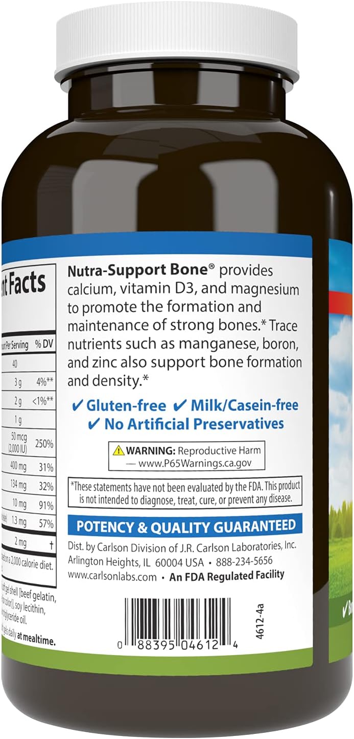Carlson – Nutra-Support Hueso, calcio, magnesio y vitamina D3, salud ósea, absorción de calcio y bienestar óptimo, 180 cápsulas blandas