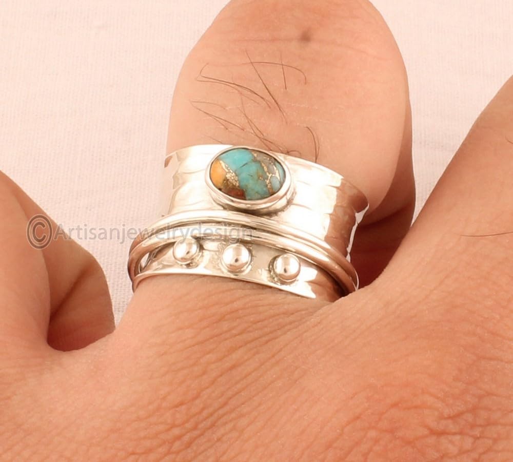 Oyster Copper Turquoise Ring, 925 Sterling Silver Jewelry, Minimalist Ring For Women, Statement Spinner Ring, Fidget Spinner Ring, Anxiety Spinner