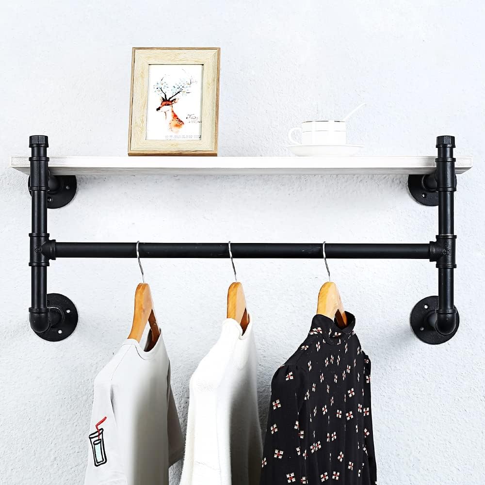 Estante industrial de la ropa del tubo montado en la pared con el estante de madera,Estante de la ropa al por menor estante de exhibición de los