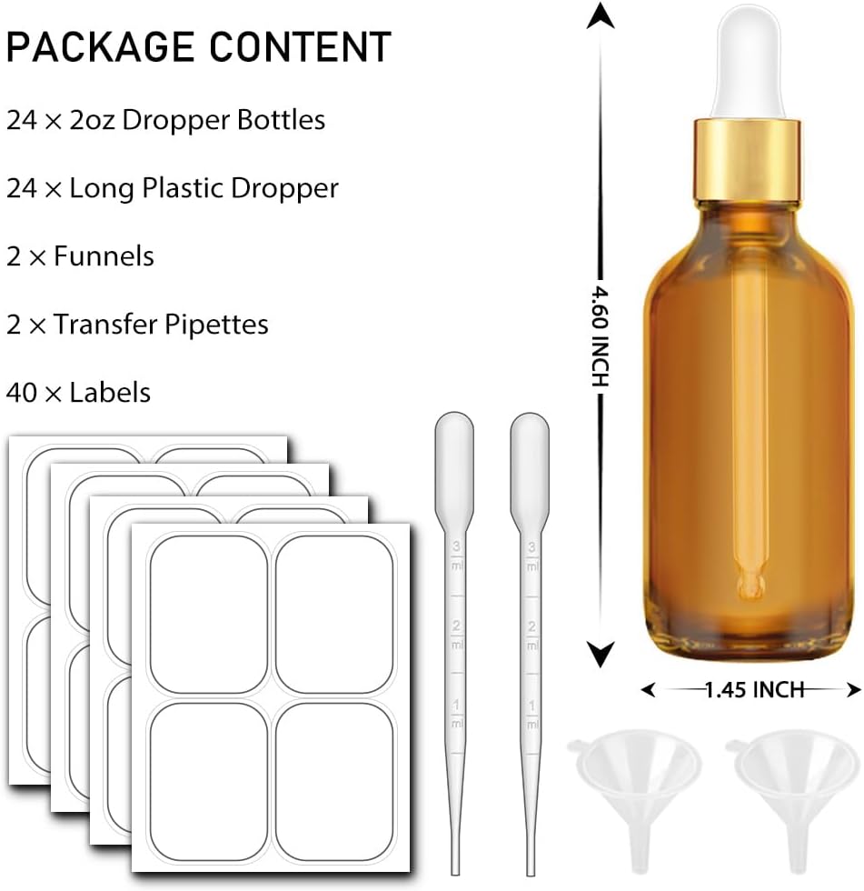 Botella cuentagotas de 2 onzas, botellas de cristal ámbar con tapa superior dorada para aceites esenciales, paquete de 24 botellas de tintura con