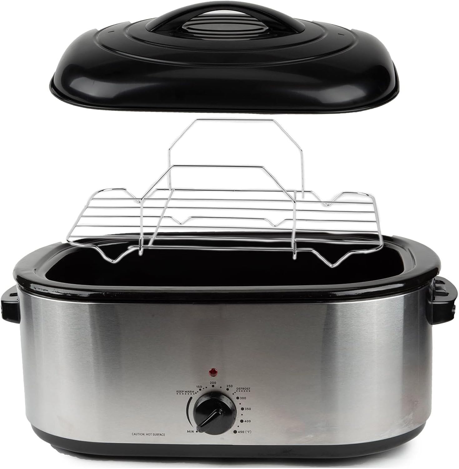 Horno asador eléctrico de gran capacidad de 22 cuartos de galón, acero inoxidable, tapa autohilvanada, mantiene el calor, perfecto para asar,