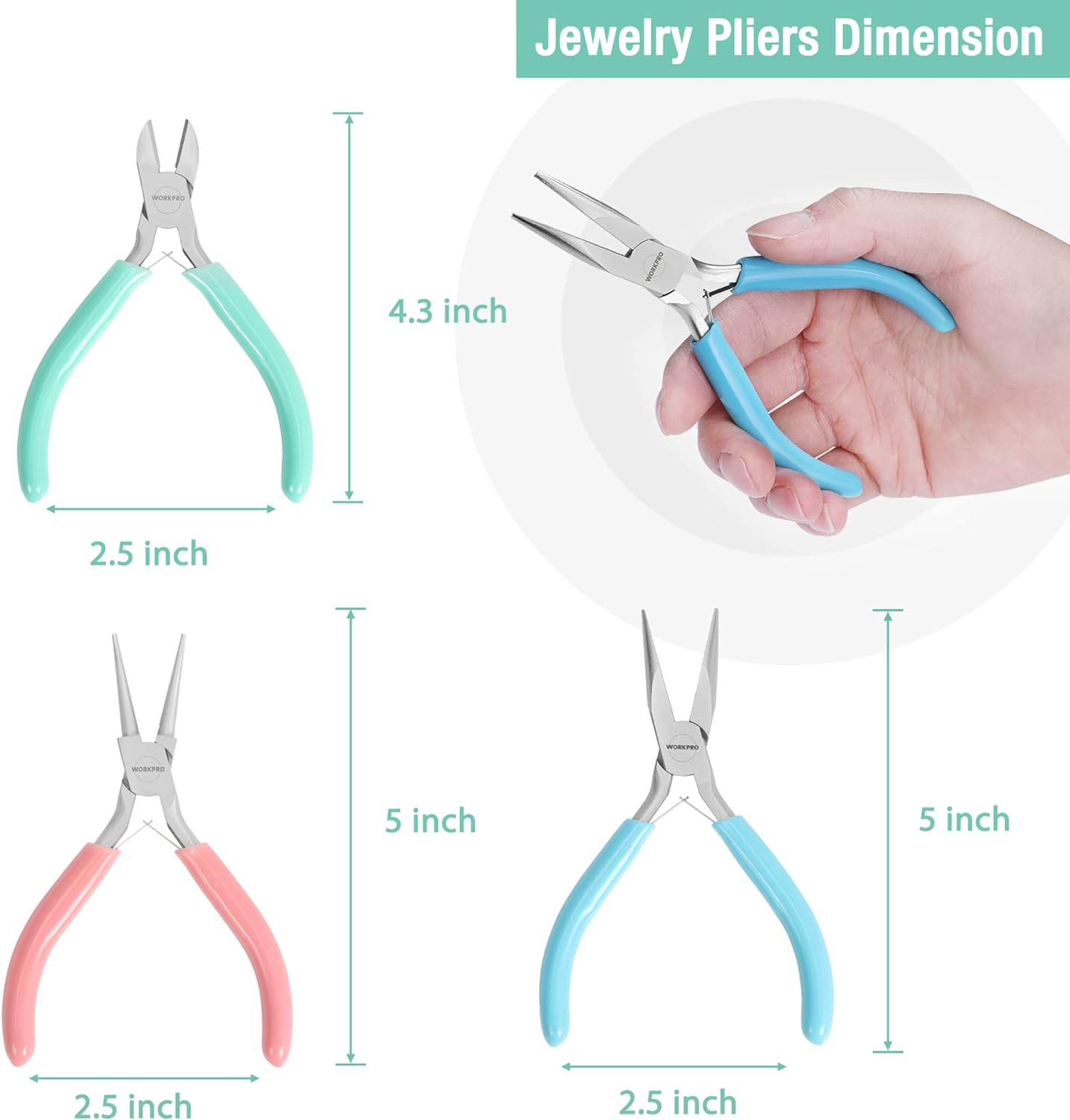 WORKPRO Juego de alicates para joyería, paquete de 3 herramientas de fabricación de joyas, incluye mini alicates de punta de agujaalicates de nariz