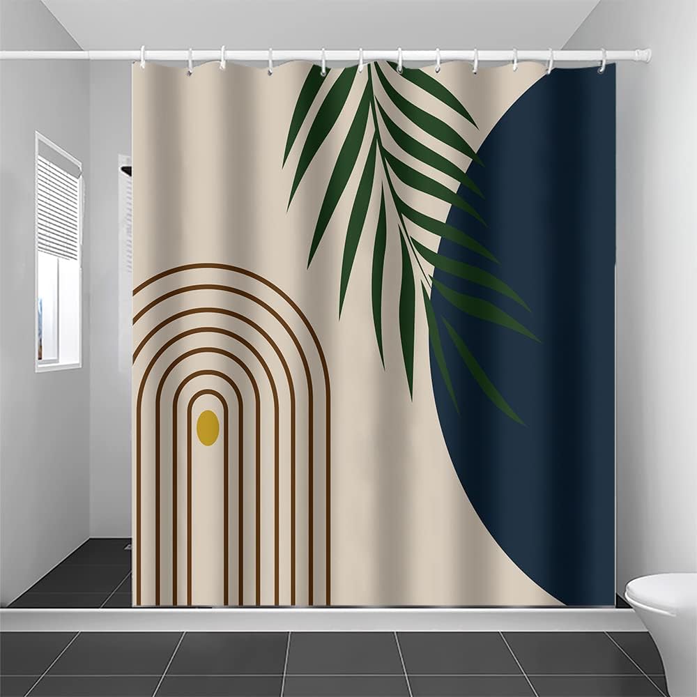 Cortina de ducha bohemia abstracta de mediados de siglo, moderna y estética, decoración de baño, con hojas y plantas, juego de cortina de baño