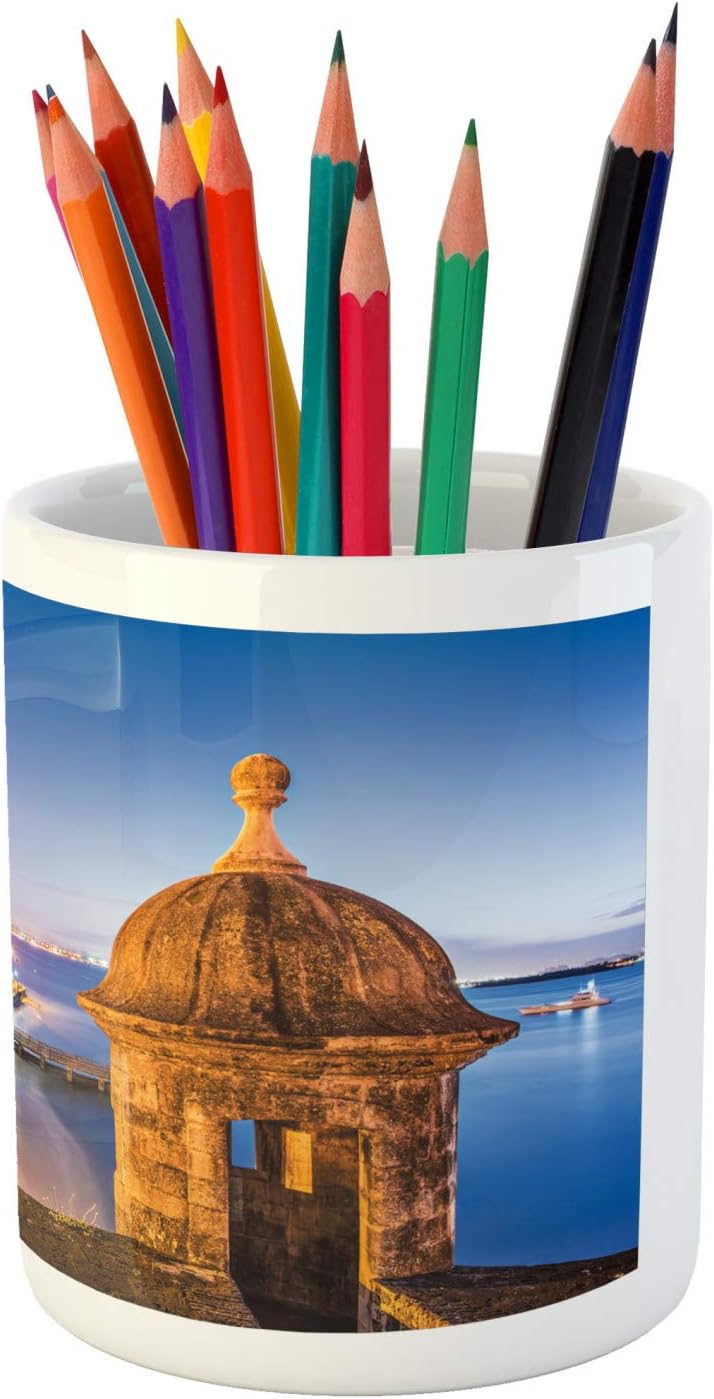 Lunarable Puerto Rico Pencil Pen Holder, Coast at Paseo de la Princesa Retro Style Architectural Elements Photography, Printed Ceramic Pencil Pen